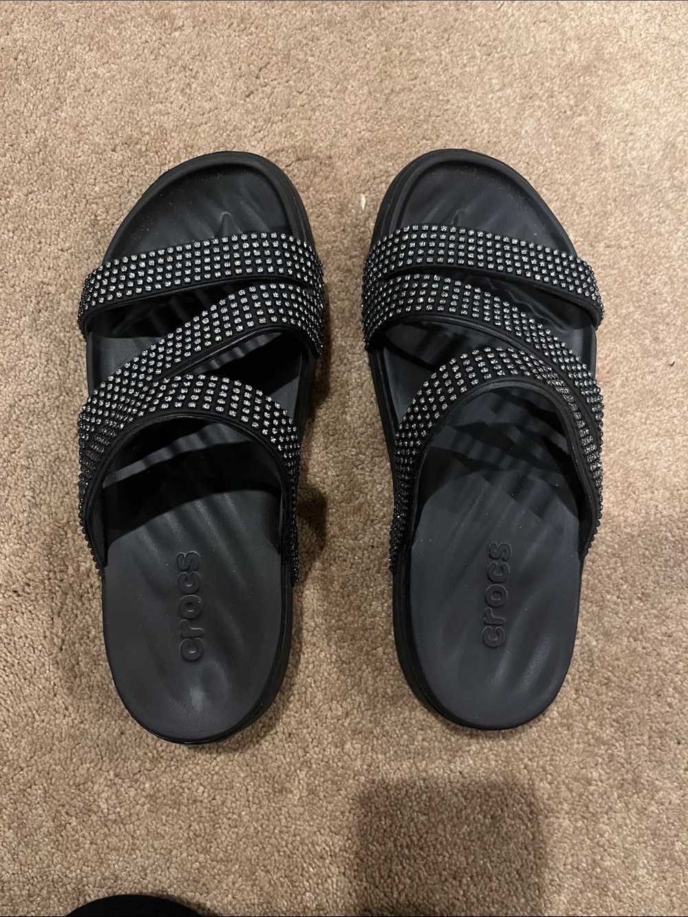 CROCS Black Triple-Strap Slide Sandals with Rhinestone Accents